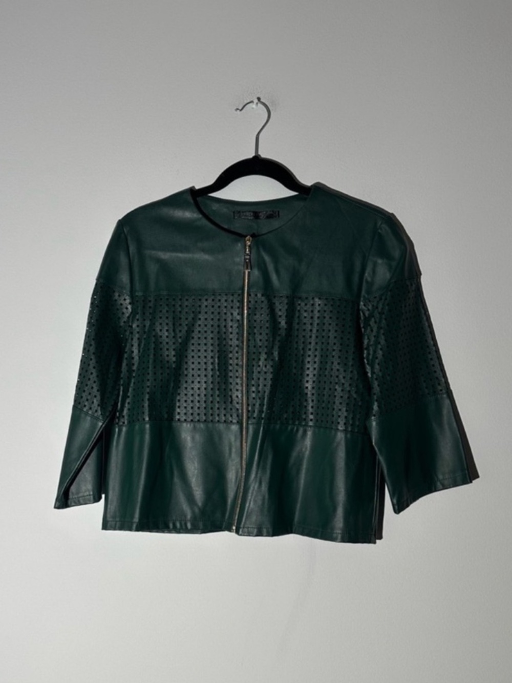 Dark Green Faux Leather Perforated Zip Jacket | EU 42 (US 10/12)